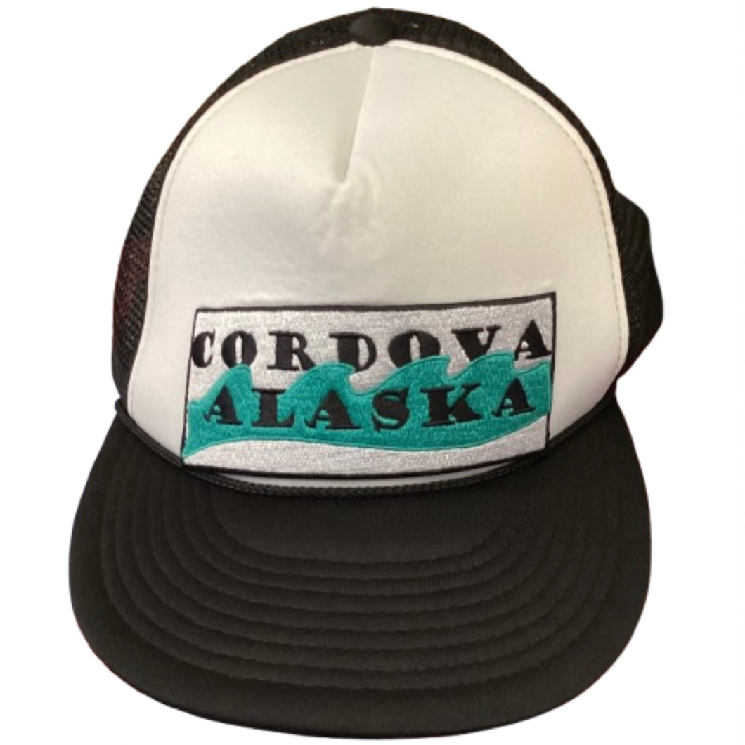Cordova-Alaska-water-wave-baseball-cap-trucker-black-white