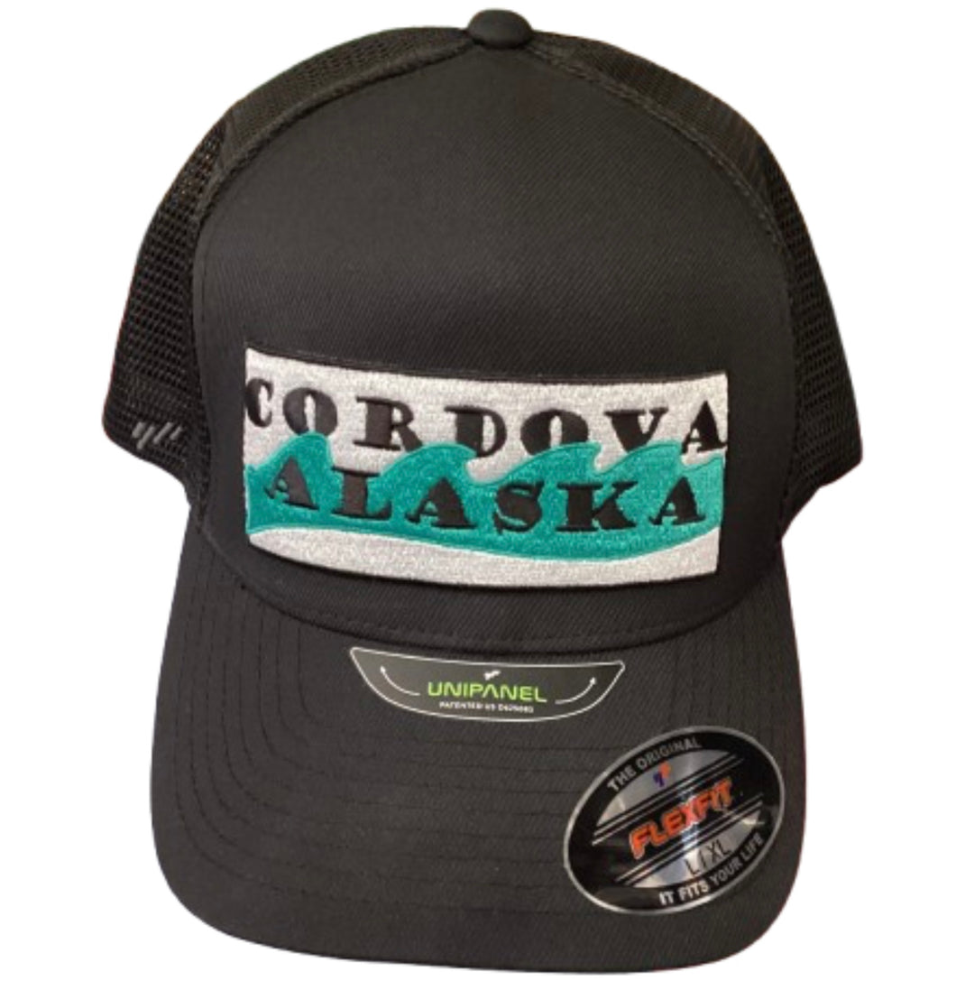 Cordova-Alaska-water-wave-baseball-cap-trucker-black