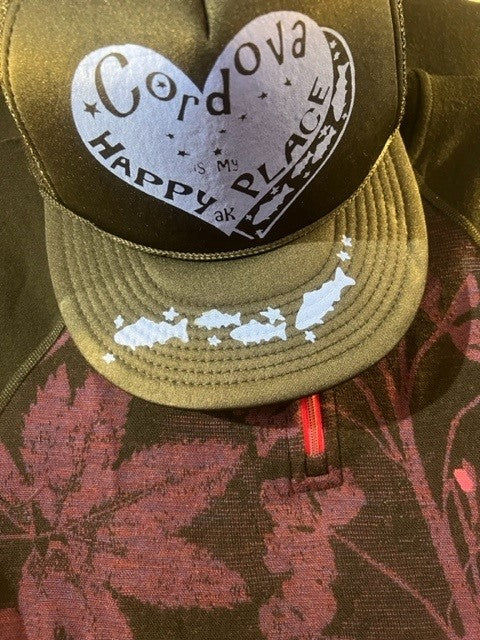 Cordova is my happy trucker hat black periwinkle