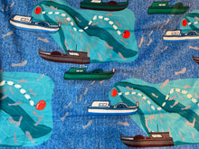 Fishing boat blanket with fish, gill net, boats Prince William sound Cordova Alaska.  Blue water colors.