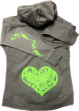 Large Alaska is my Happy Place logo on lower back of grey full zip hoody.