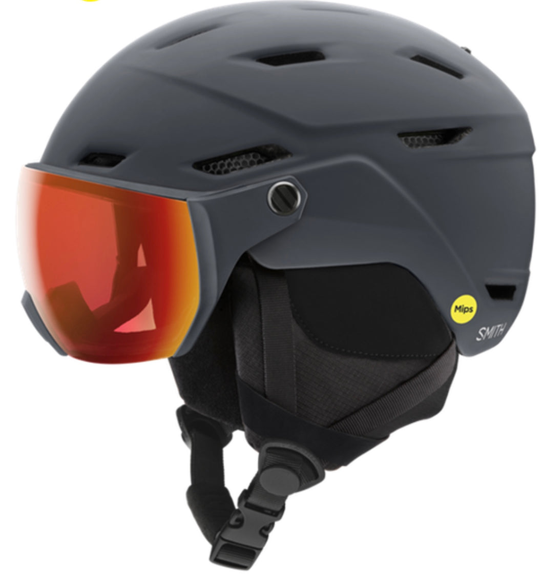 Black helmet with integrated goggles combination