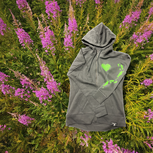 Full zip grey hoody with bright green Alaska s my happy place logo on front left and larger on low back.  Fish and stars running up left sleeve.