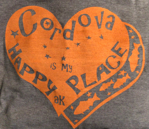 Cordova is my hapy place AK  logo in Orange on Grey with stars and fish