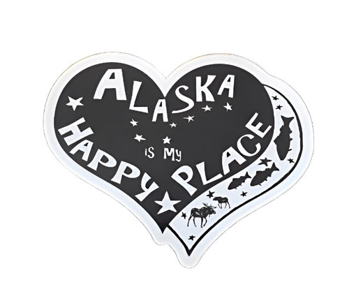 alaska happy place sticker,  black and white, alaska is my happy place, moose, fish, big dipper and stars