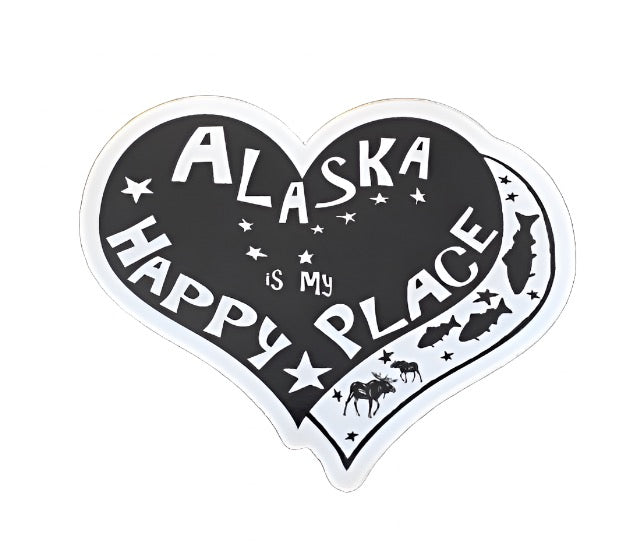 alaska happy place sticker, black and white, alaska is my happy place, moose, fish, big dipper and stars