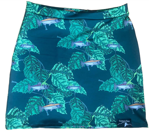 Salmonberries Skirt, salmon, salmonberry leaves, lycra skirt, cordova gear brand