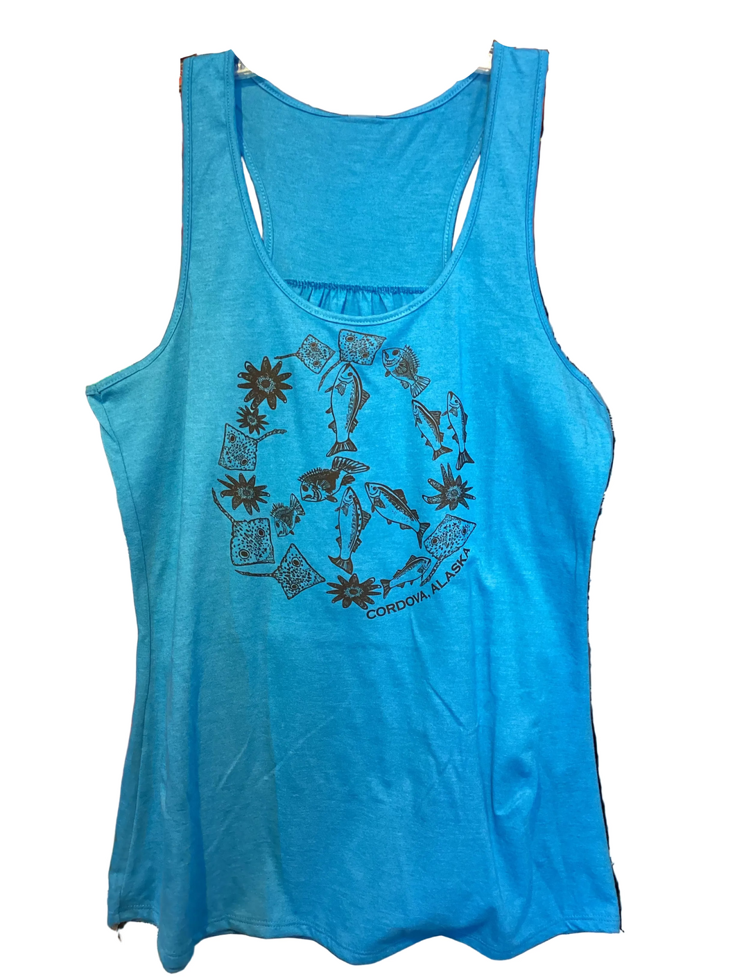 Blue-tank-top-women_s-peace-fish-Cordova-Alaska