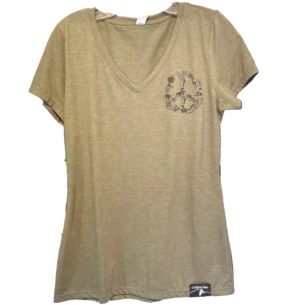 Cordova-Alaska-women_s-v-neck-peace-fish-t-shirt