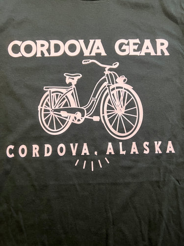 Black shirt with white bicycle graphic and 'Cordova Gear' on a dark green shirt 