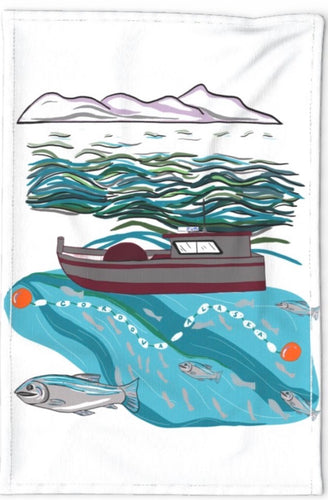 Alaska Tea Towel - Fishing boat & salmon