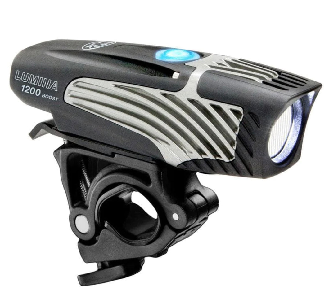 1200-lumina-rechargeable-bike-light, black and silver