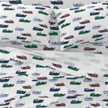 Gillnet boats on white sheets and pillowcases bedding with a maritime flair