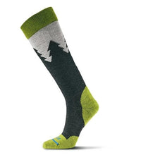 Merino Ski Socks with tree design by Fits bright green heal, toe and top grey and blue