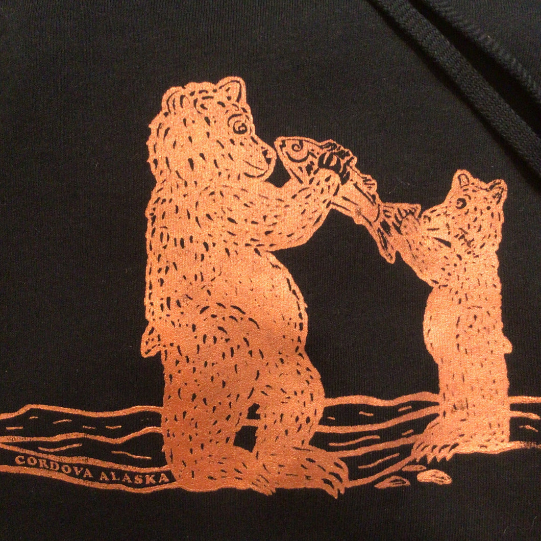 Share a fish, original print with large and small bear sharing a fish, cordova alaska