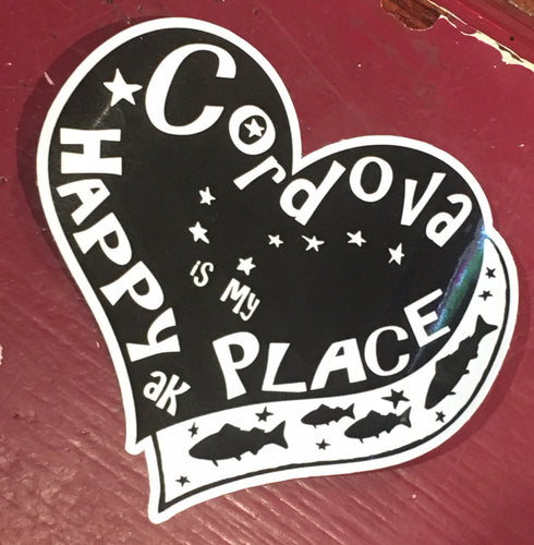cordova is my happy place sticker, moose, fish, big dipper and stars